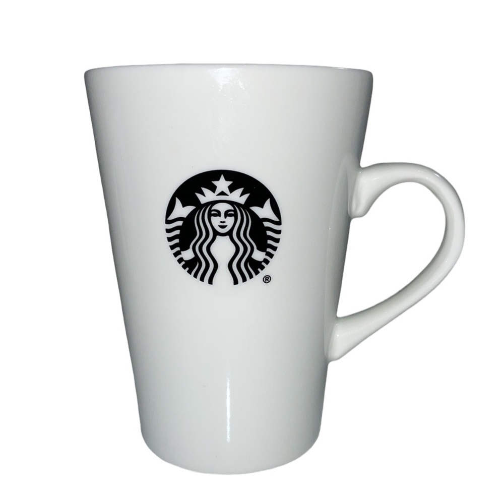Starbucks 2015 tall white 16 ounce mug with black mermaid logo. Excellent shape.